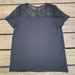 Zara Womens Blouse Black Short Sleeve Scoop Neck Keyhole Back Crochet S